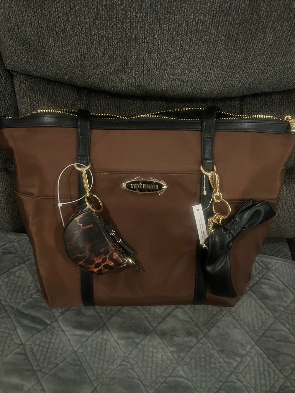 Steve Madden Brown Tote with Black Trim and Gold Hardware